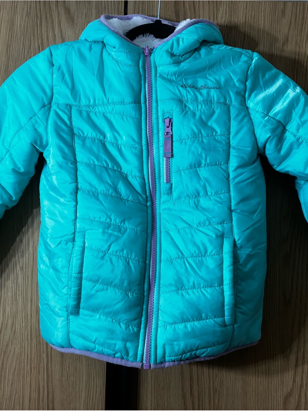 Eddie Bauer Turquoise Hooded Puffer Jacket with Purple Trim